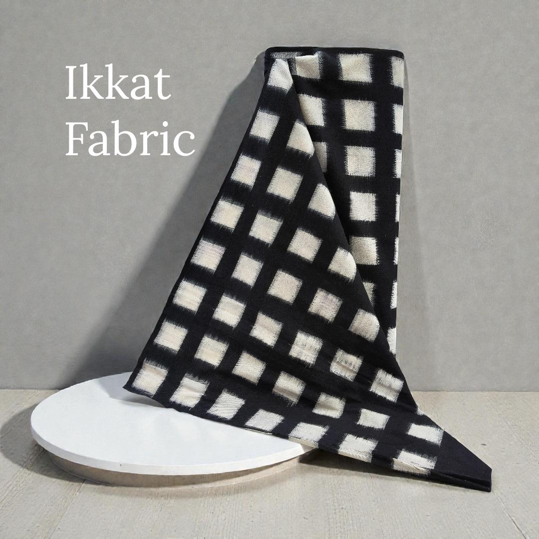 Black Base White Square Handwoven Cotton Double Ikat Fabric for Dress Material | Width: 44"