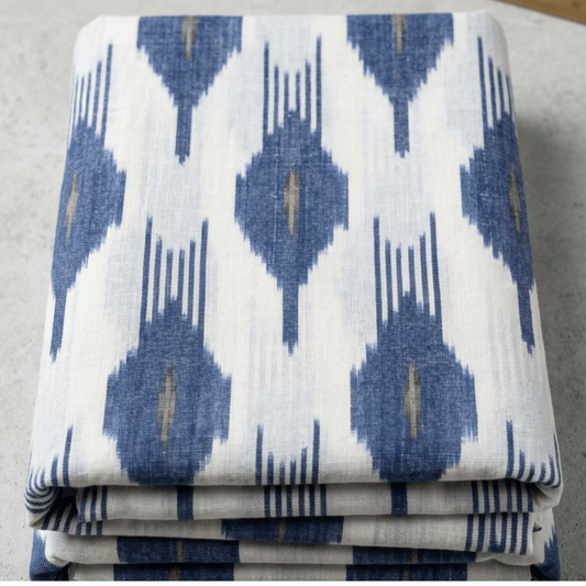 Blue & White Fine Quality Handloom Cotton Ikat Fabric for Dress Material | Width: 44"