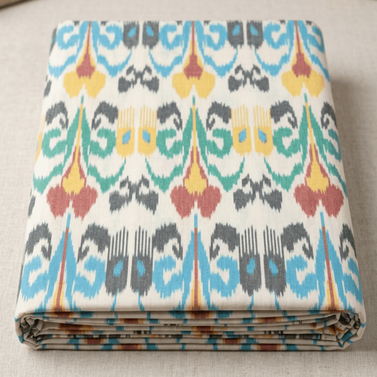 Multicolor Big Design Fine Quality Handloom Cotton Ikat Fabric for Dress Material | Width: 44"