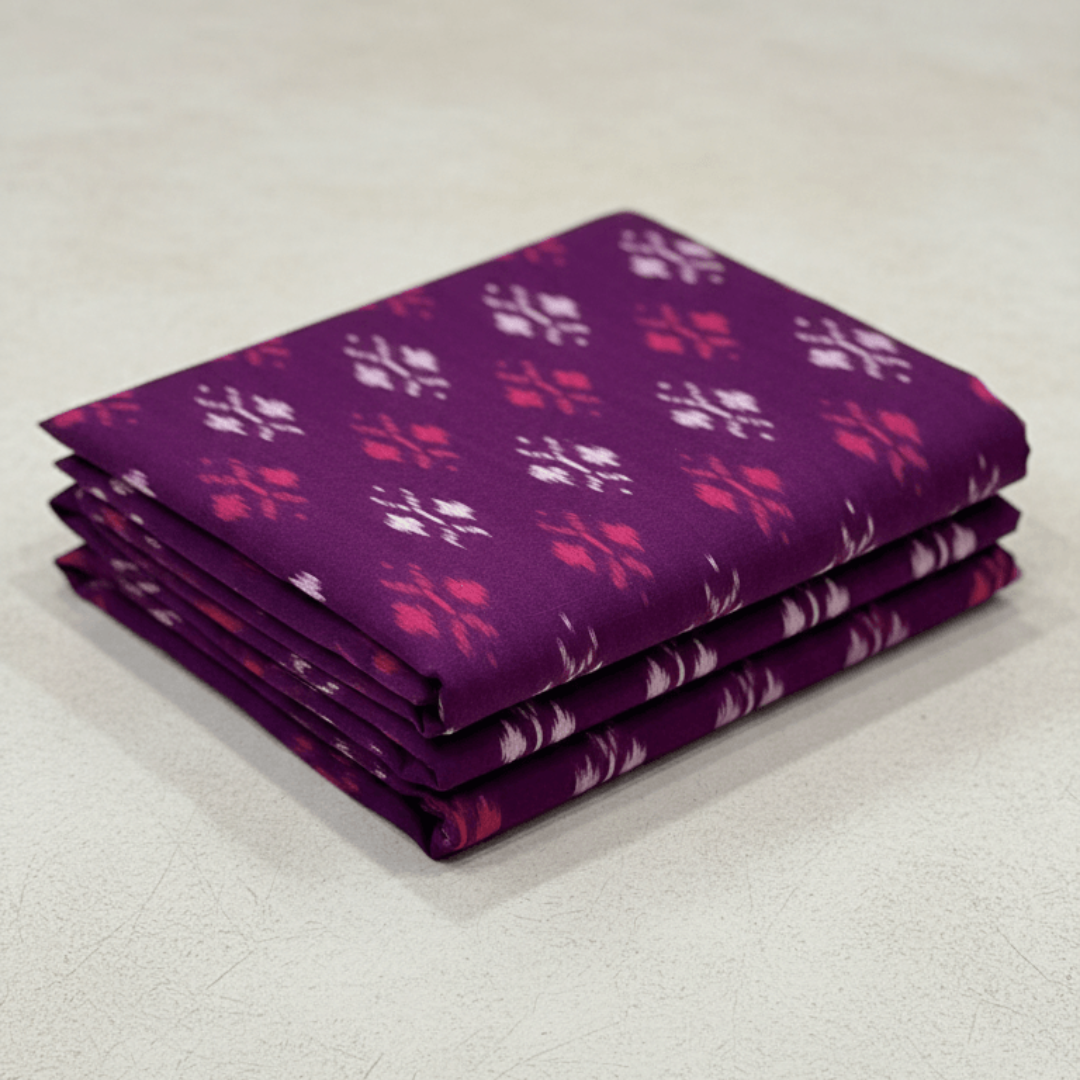 Wine Color Design Fine Quality Mercerised Cotton Handloom Ikat Fabric for Dress Material | Width: 44"