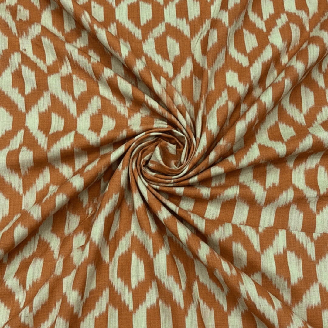 Brown, Yellow Design Fine Quality Mercerised Cotton Handloom Ikat Fabric for Dress Material | Width: 44"