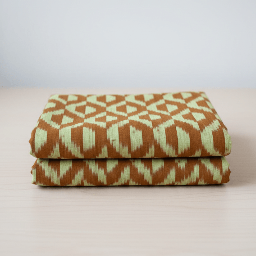 Brown, Yellow Design Fine Quality Mercerised Cotton Handloom Ikat Fabric for Dress Material | Width: 44"