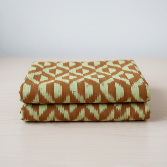 Brown, Yellow Design Fine Quality Mercerised Cotton Handloom Ikat Fabric for Dress Material | Width: 44"